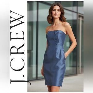J. Crew Alexia Blue 100% SILK Strapless Dress Knee Length Hidden Zipper Size 10